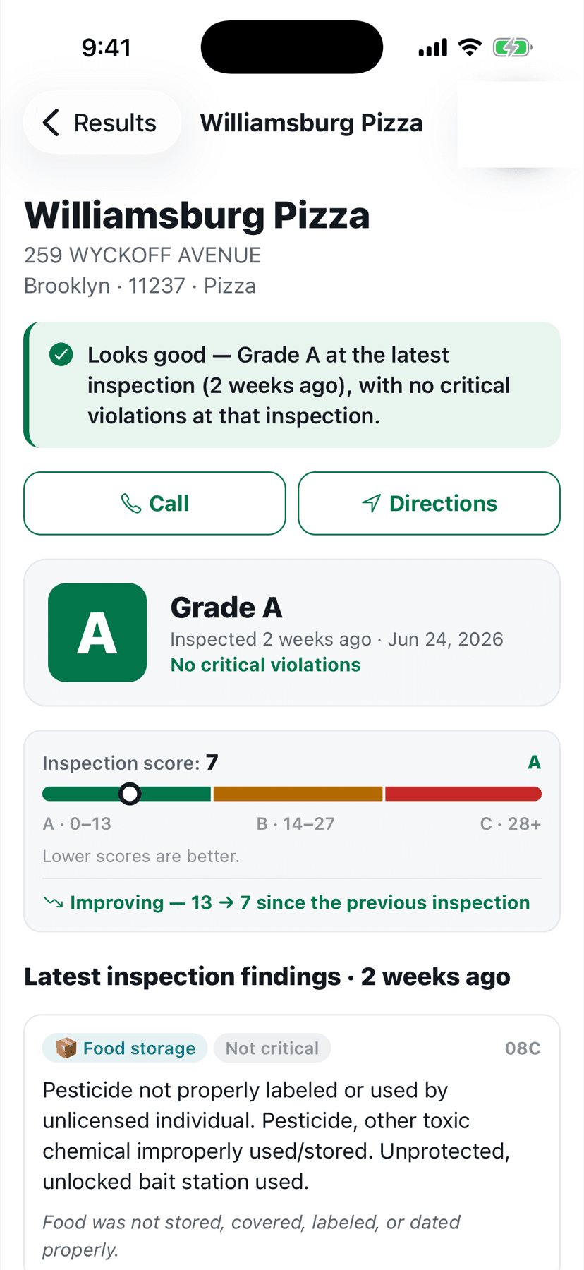 A Radius restaurant page showing a Grade A verdict and violations