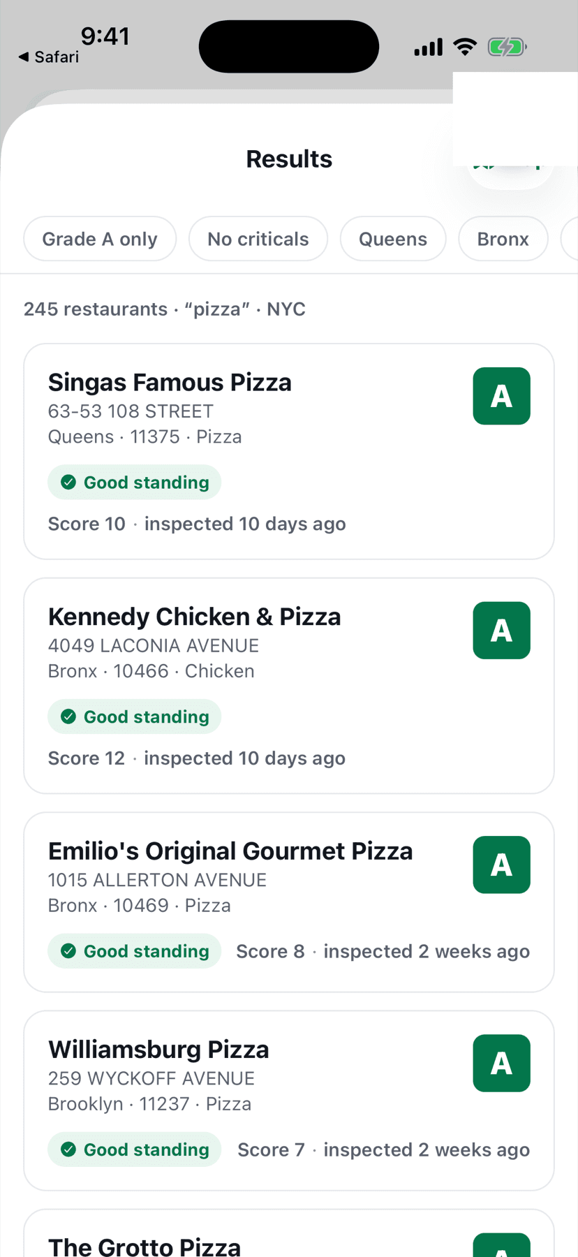Radius restaurant search results